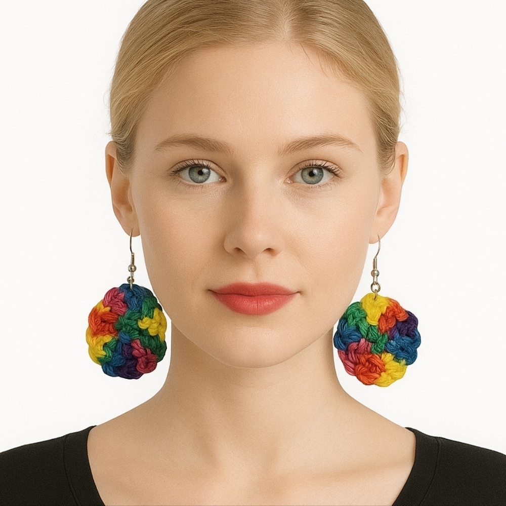 Hand Crafted Bohemian Crochet Earrings Rainbow Colors Hand Knit Accessory LGBTQ+